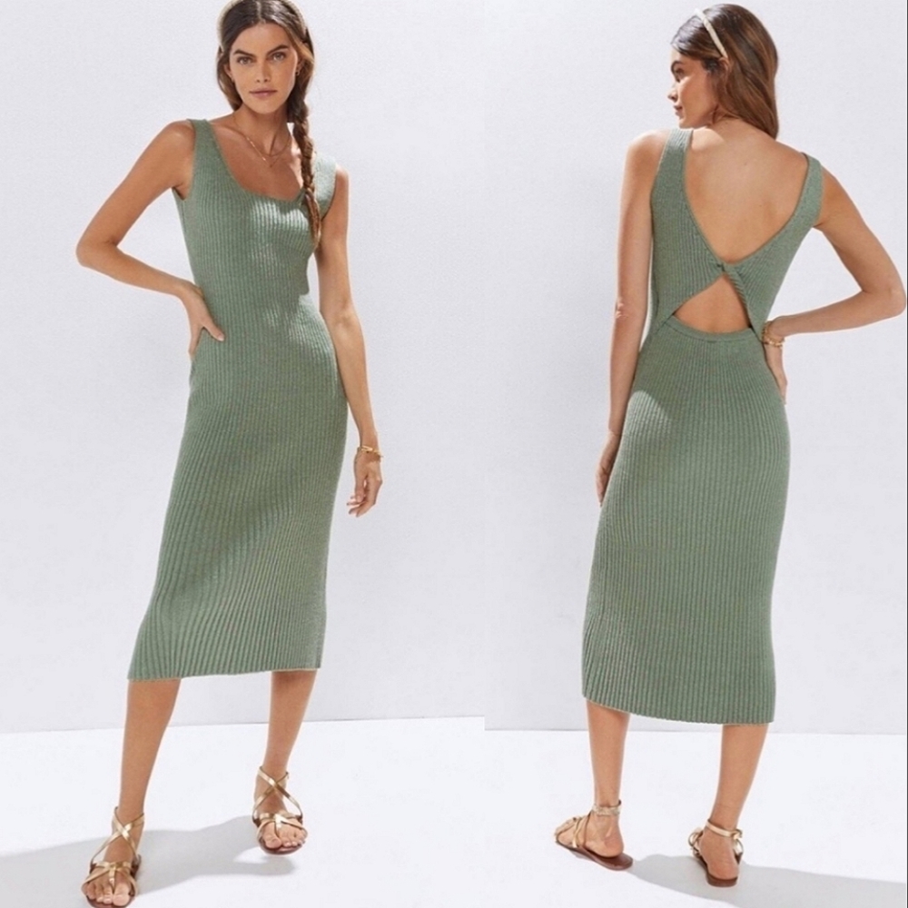 Anthropologie Amadi Seafoam Green Ribbed Knit Midi Dress Back Cutout XL